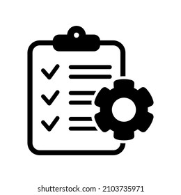 Clipboard with gear isolated line icon. Technical support check list icon. Management flat icon concept. Software development.