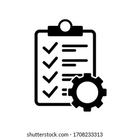 Clipboard And Gear Vector Icon. Project Management Icon In Flat Style. Technical Support Check List Icon. Software Development.