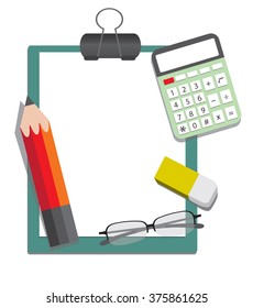 Clipboard with glasses calculator eraser and pencil on white background
