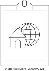 Clipboard with a globe behind a house with an arched entrance and a chimney
