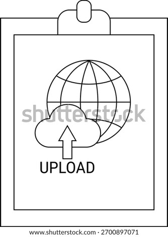 Clipboard with globe cloud upward arrow and UPLOAD text