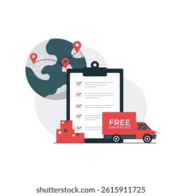 Clipboard with Globe and Delivery Truck Vector Illustration. Worldwide Free Shipping Concept Design