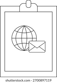 Zwischenablage mit Globus- und Umschlagsymbol mit einem einfachen linearen Design