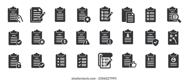 Clipboard glyph solid icons collection. Containing content report, document, exam, form. Minimal icon and symbol series vector illustration