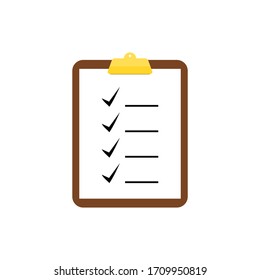 clipboard with golden clip and check mark sign on white checklist paper isolated white background. vector illustration