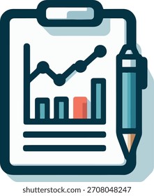 Eine Zwischenablage mit einem Diagramm, Balken und Linien, zusammen mit einem Stift, der eine Datenanalyse vorschlägt.