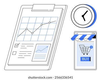 Clipboard with graph and checklist, clock, and smartphone displaying a shopping cart and buy button. Ideal for e-commerce, business growth, data analysis, productivity and time management, mobile