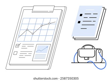 Clipboard with graph, checklist, documents, and briefcase representing professional tasks, data analysis, and organization. Ideal for business reports, presentations, office settings, productivity