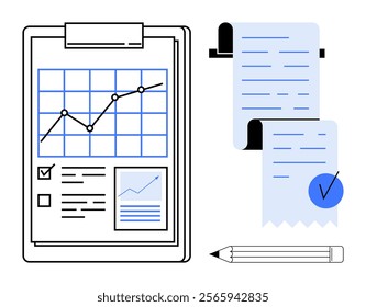 A clipboard with a graph and checklist paper, a rolled-up receipt with a checkmark, and a pencil. Ideal for business reports data analysis finance productivity planning