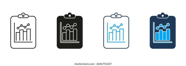 Clipboard With Graph Line And Solid Icon Set. Data Analysis, Business Reporting, And Performance Tracking Symbol Collection. Financial And Statistical Insights. Isolated Vector Illustration.