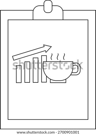 Clipboard with graph trending up beside a steaming coffee cup