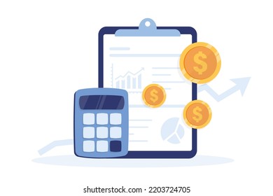 Clipboard with graphs and charts, audit debit and credit calculations. Accounting and taxes. Financial report, digital accounting, financial research. Clipboard with calculator and coins. Banking