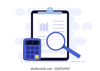 Clipboard with graphs and charts, audit debit and credit calculations. Accounting and taxes. Financial report, digital accounting, financial research. Clipboard with calculator and coins. Banking
