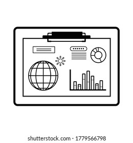 Clipboard. Graphs and image material on environmental issues. Black and white line drawing