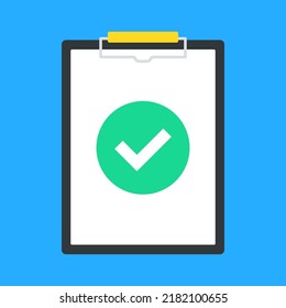 Clipboard and green check mark. Document and tick. Vector illustration
