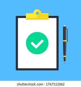 Clipboard and green check mark icon. Note pad, round checkmark symbol and pen. Top view. Flat style design. Vector illustration