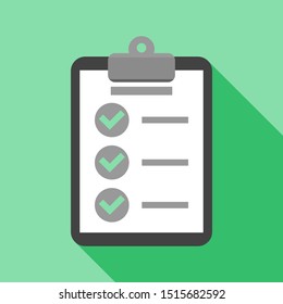 clipboard with green check mark tick on circle checklist with text line symbols on white paper on green background with dark color shade shadow