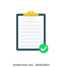Clipboard with green tick checkmarks. Checklist, complete tasks, to-do list, survey, exam concepts. Premium quality. Modern flat design graphic elements. Flat design, vector illustration on background