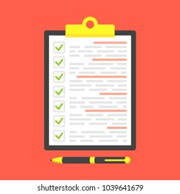 Clipboard with green ticks checkmarks and black pen. Vector illustration.