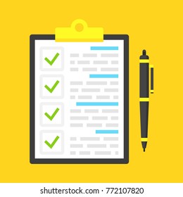 Clipboard with green ticks checkmarks and black pen. Vector illustration.
