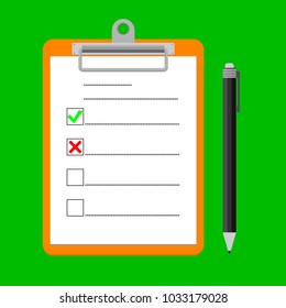 Clipboard with green ticks checkmarks and pen. Checklist for business, complete tasks, to-do list, survey, note, exam concepts. Modern flat design graphic elements. Vector illustration