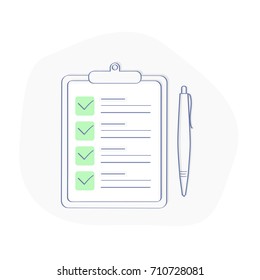 Clipboard With Green Ticks Checkmarks And Pen. Checklist, Complete Tasks, To-do List, Survey Or Exam Concept. Flat Outline Modern Design Graphic Elements, Vector UI Element For Web And Mobile Design.