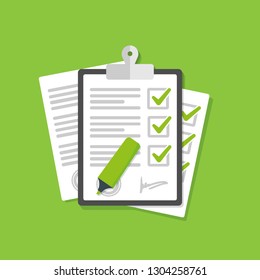 Clipboard with green ticks checkmarks. Vector illustration.