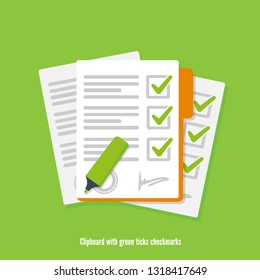 Clipboard with green ticks checkmarks. Vector illustration.