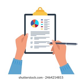 Portapapeles en mano empresario, datos estadísticos con gráficos, diagramas. Documentos de trabajo para estadísticas financieras, informes, desarrollo de estrategias. Análisis de datos