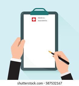 Clipboard in hand doctor, Doctor takes notes in a Clipboard,Medical report,flat design Vector illustration.