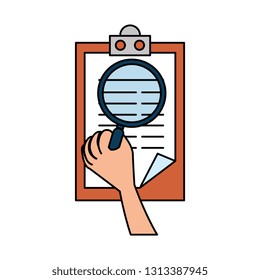 clipboard with hand using magnifying glass