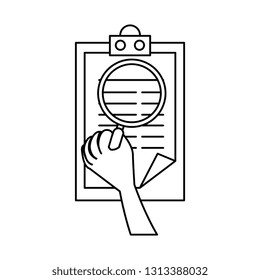 clipboard with hand using magnifying glass