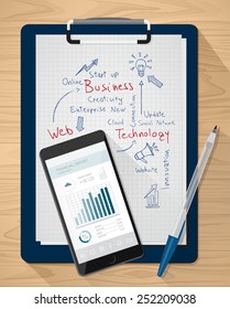 Clipboard with handwritten notes and mobile with financial app