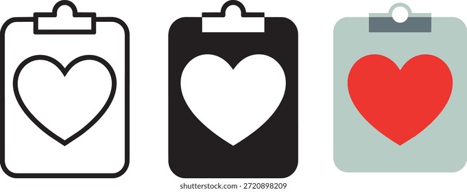 Área de transferência com ícone de coração definir ilustração vetorial. Símbolo de registro médico. Sinal de cuidados com o paciente e dados de saúde.