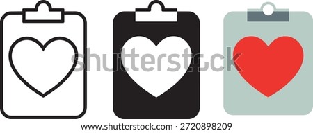 Clipboard with heart icon set vector illustration. Medical record symbol. Patient care and health data sign.
