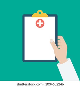 Clipboard in his hand doctor. Doctor takes notes in a Clipboard.  hand Medical report, medical background. Flat design. Patient care. 