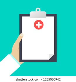 Clipboard in his hand doctor. Doctor takes notes in a Clipboard. Medical report, medical background. Vector stock illustration.
