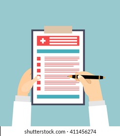 Clipboard in his hand. Doctor takes notes in a Clipboard. Medical background. Vector, flat design. Patient care. 