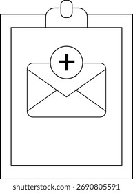 Portapapeles que sostiene el ícono del email con el signo más encima de todo en formato del esquema