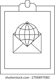 Uma área de transferência contém um documento com um envelope contendo uma ilustração globo