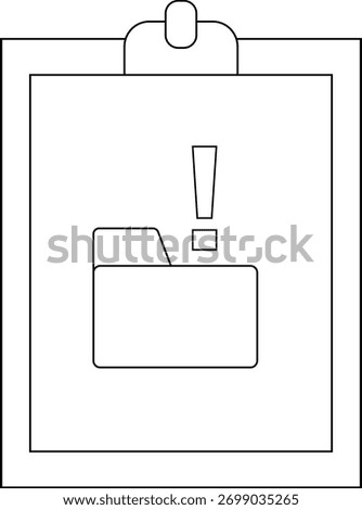 A clipboard holds a folder and exclamation point symbol displayed as black lines on a white background