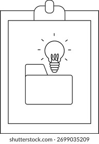 A clipboard holds a folder with a lightbulb shining above representing an idea or innovation