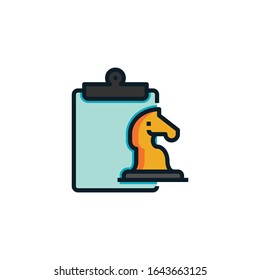 Clipboard with horse chess, strategic plan filled outline icons. Vector illustration. Editable stroke. Isolated icon suitable for web, infographics, interface and apps.