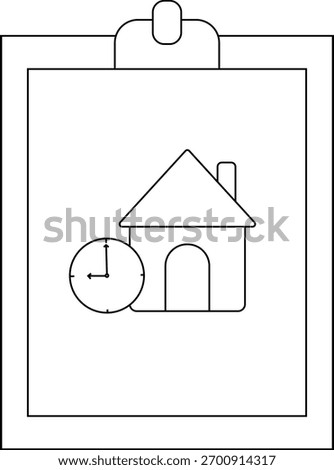 A clipboard with a house and a clock simple line drawing