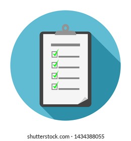 clipboard icon with check list paper on blue circle isolated on white background. vector illustration