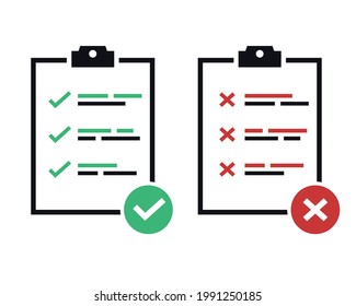 Clipboard icon with check mark and cross mark. Symbols yes and no. Task, report, Worksheet. Illustration vector