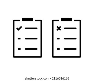 Clipboard icon with check mark and cross mark. Task, report and worksheet. Vector illustration