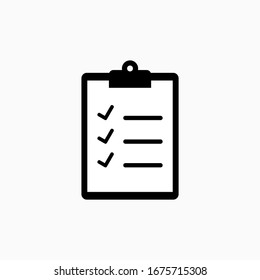 clipboard icon with check mark tick on white paper isolated on grey background. vector illustration 