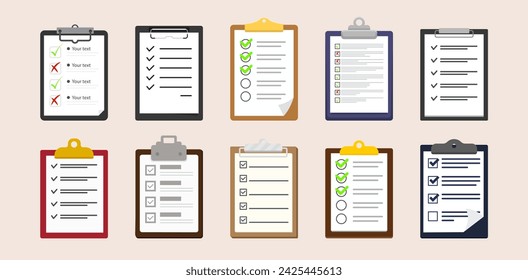 Clipboard icon. Clipboard checklist or document. Vector isolated icons or signs. Clipboard with checkmark cross and text