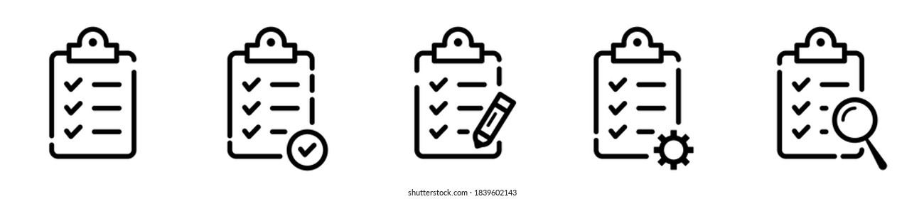 Clipboard icon. Checklist with gear, checkmarks, magnifier and pencil. Quality check line sign. Check List flat line icon. Form icon. Clipboard with gear technical support check list - stock vector